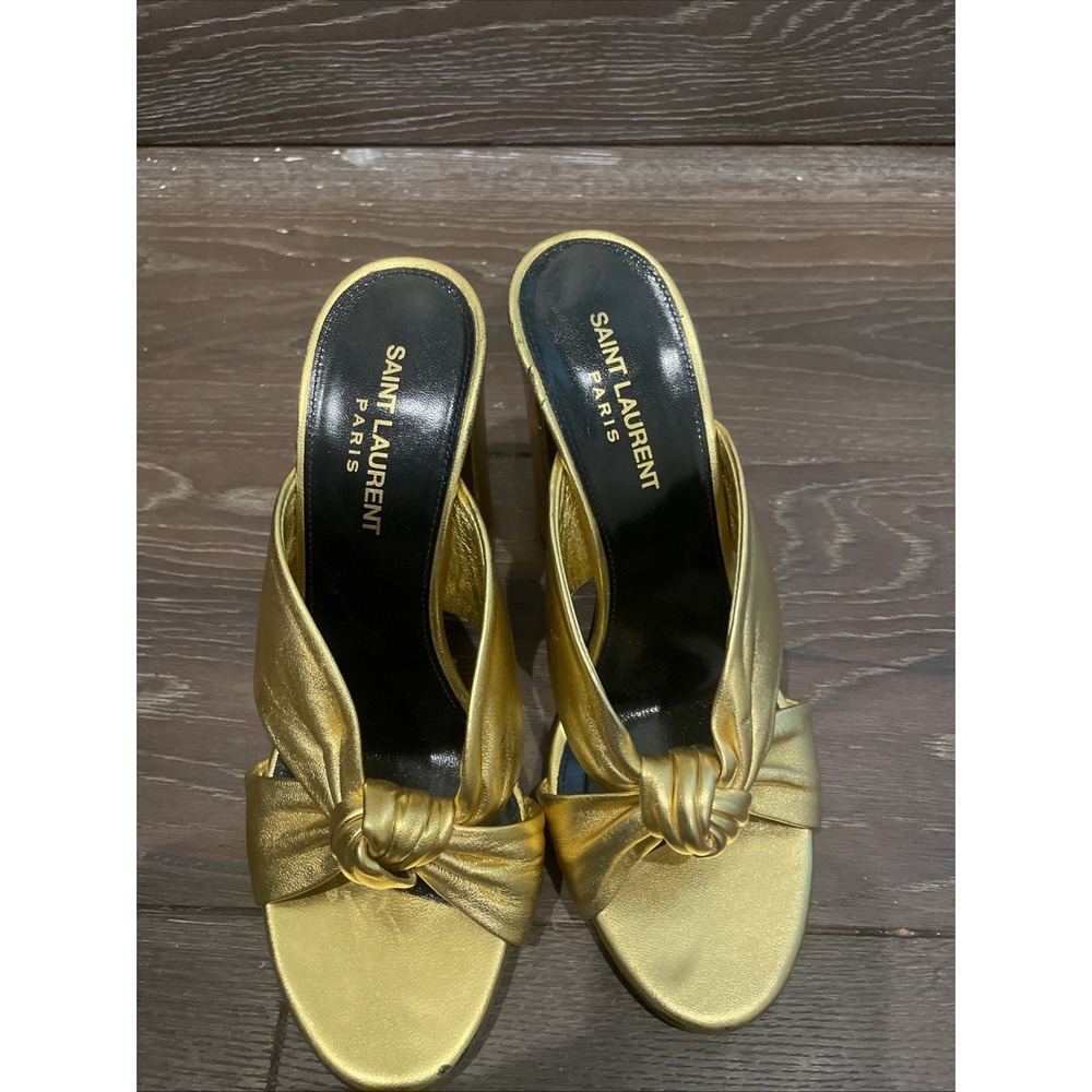 Saint Laurent "BIANCA 100mm" Gold Leather Open Toe Slip On Mule Sandals, Size 40 - Picture 2 of 6